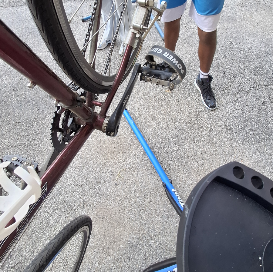 The bottom bracket of a bike on a repair stand